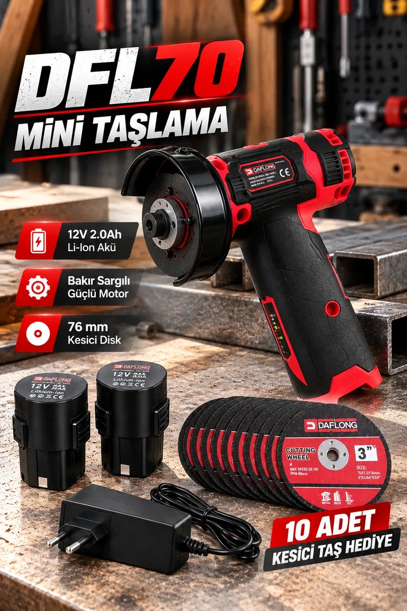 DFL70 12V 2. 0Ah Çift Akülü Mini Taşlama Makinesi 76 mm Kesici Disk 10 Adet Taş Hediyeli