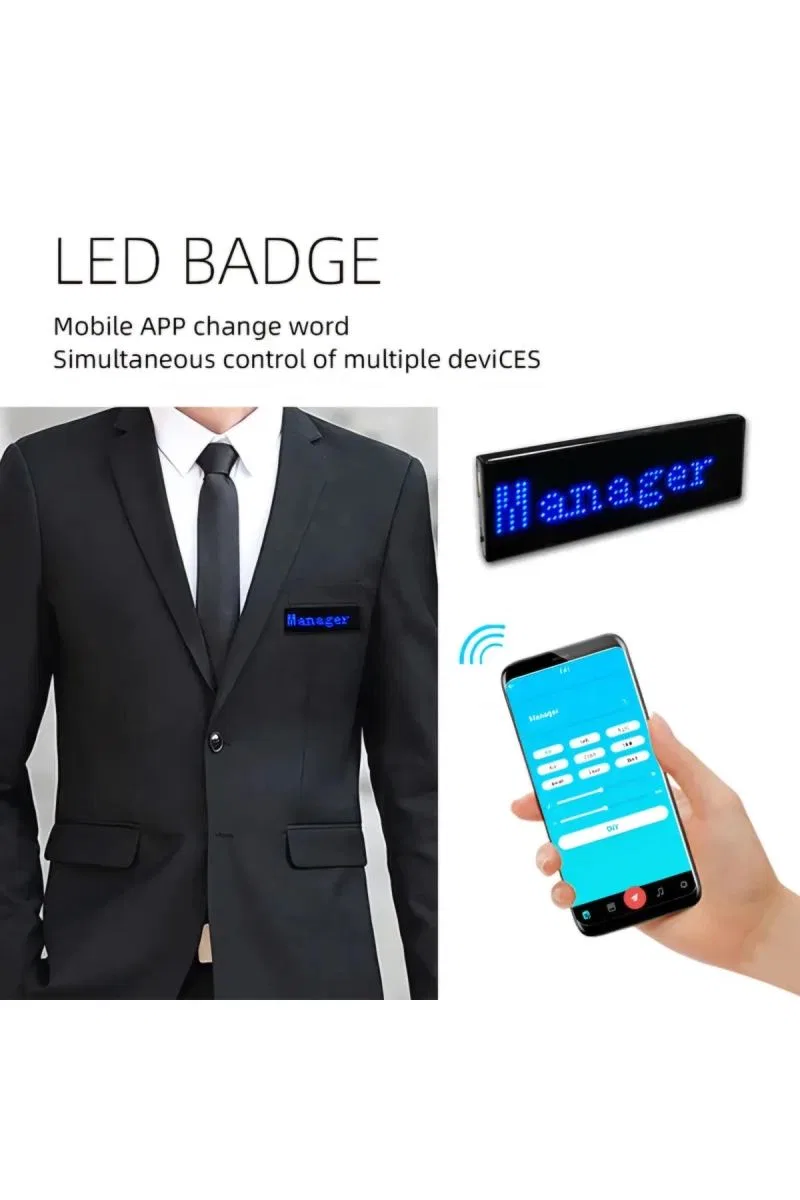Matrix Kayan Led Yaka Rozeti Mobil Kontrollü Dijital Etiket 9×3cm görsel 2