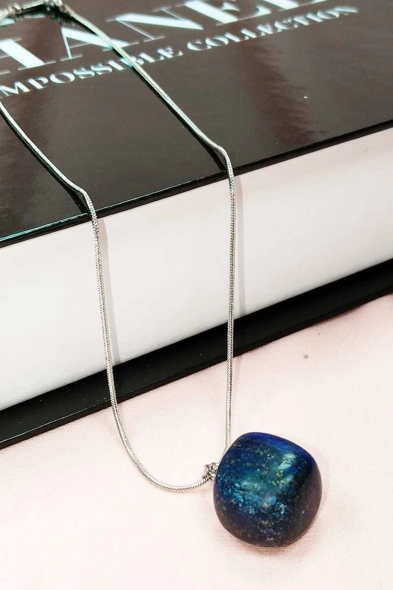 Lapis Lazuri Doğal Taşı Zincirli El Yapımı Kolye Uç: 2 cm Zincir: 20 cm Kutulu görsel 3