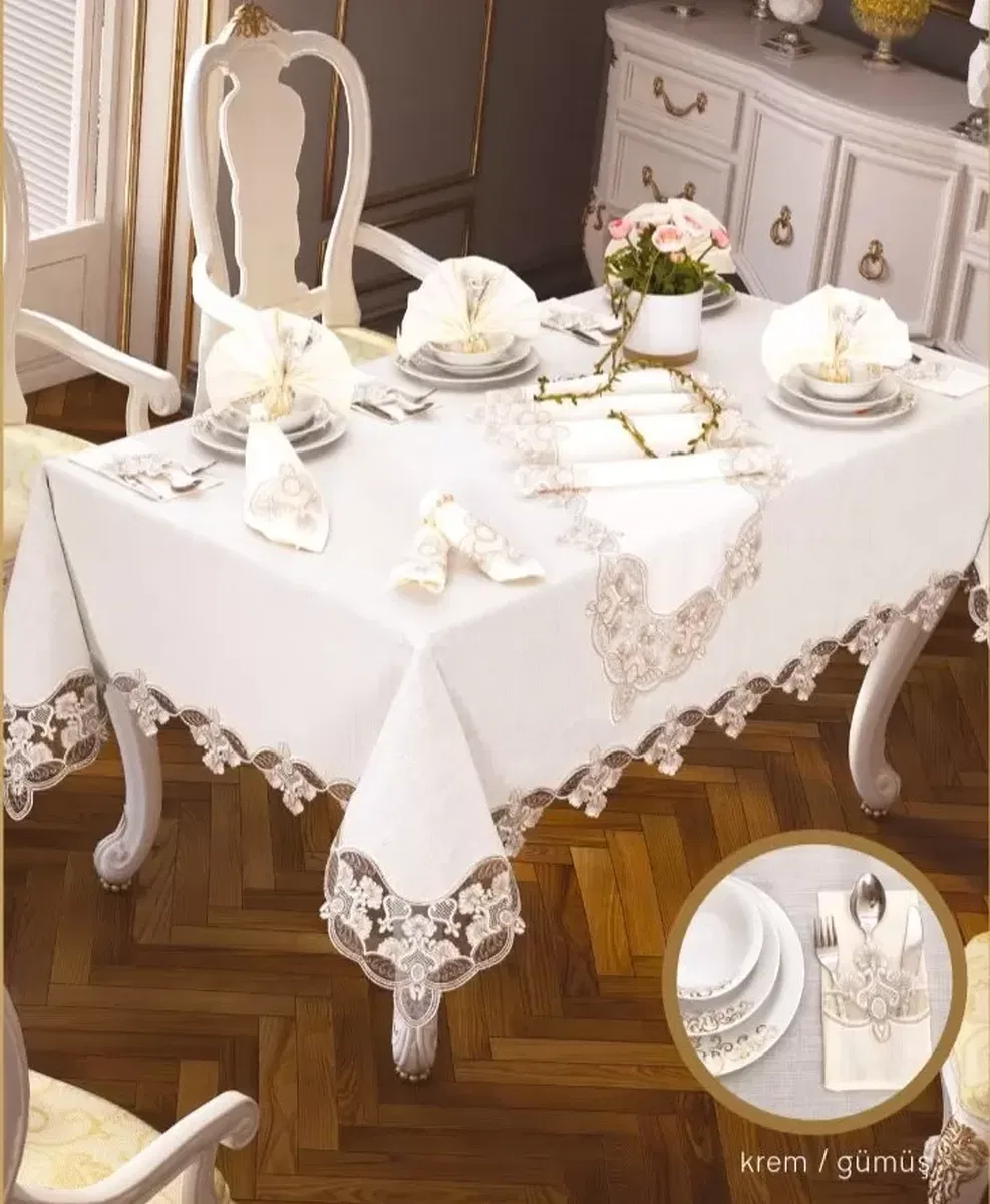 Karanfil Gardenya Keten Krem-Gümüş 26 Parça Modern 160 × 260 cm Masa Takımı görsel 4