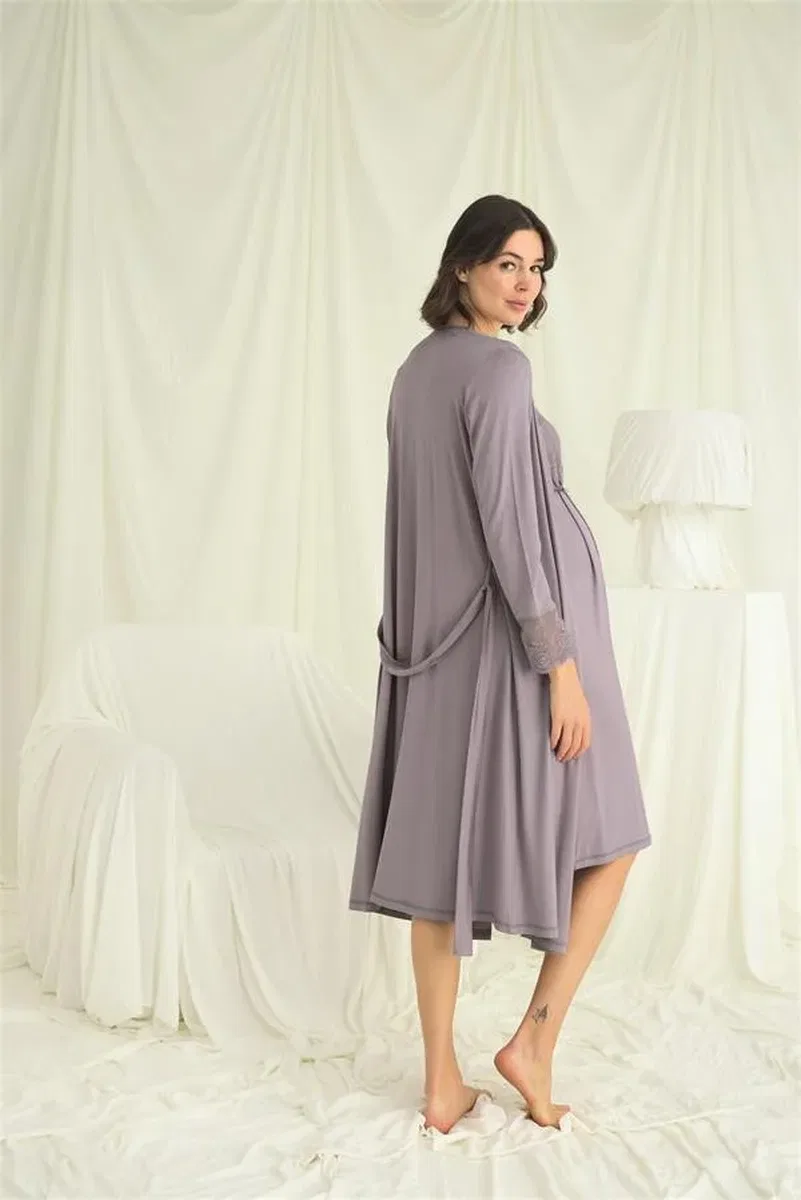 Dantelli Önü Düğmeli Hamile Lohusa Sabahlık Takımı görsel 6
