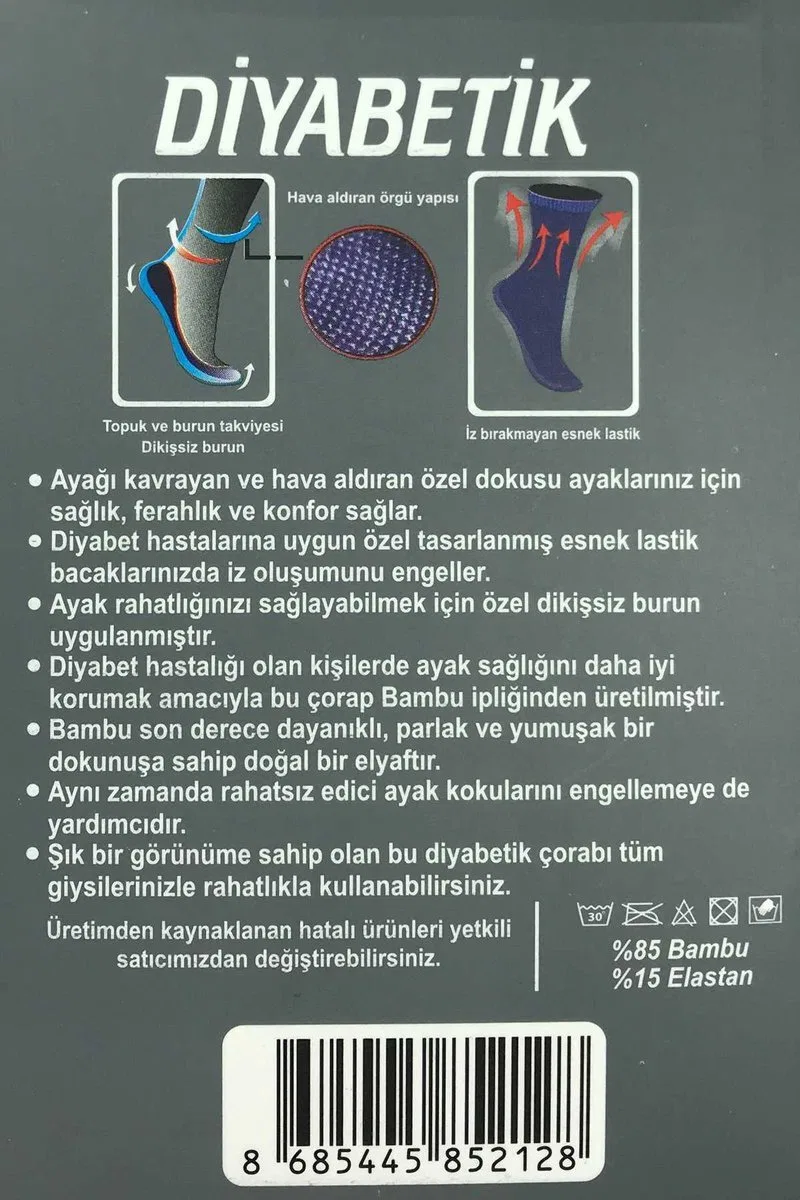 3 Adet Erkek Bambu Lastiği Sıkmayan Diyabetik Çorap görsel 3