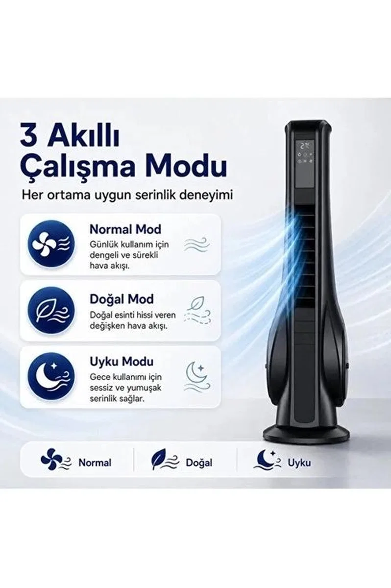 Turbo Smart Akıllı Fan Led Ekranlı Kumandalı 90° Hareketli Serinletici Soğutucu Kule Tipi Vantilatör görsel 2