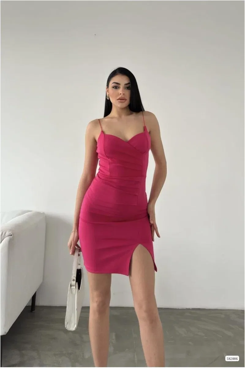Kalp Yırtmaçlı Elbise Yaka Askılı Abiye Mini görsel 3