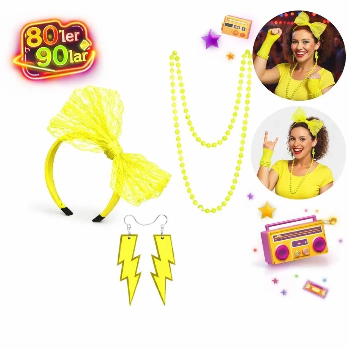 80’ler 90’lar Neon Sarı Parti Seti – Kolye Küpe Taç görsel 2