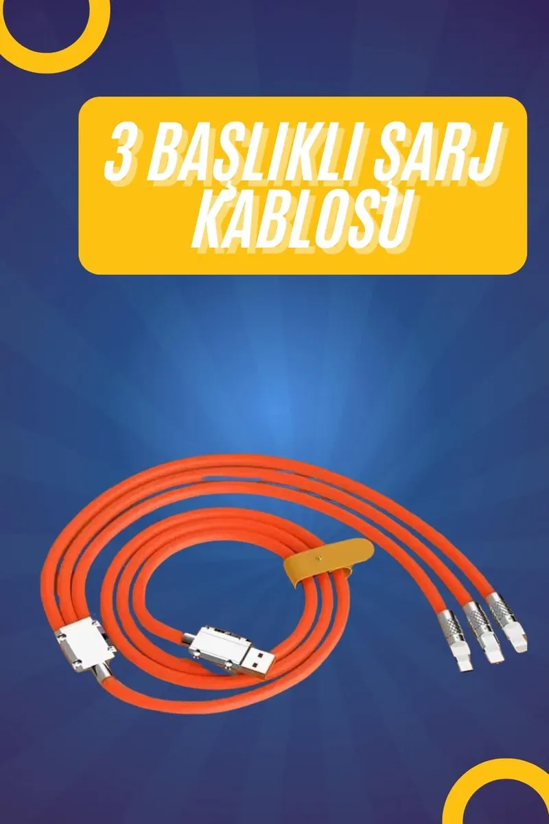 120W Silikon Metal Uçlu LED Işıklı 3 In1 Şarj Kablosu 1. 2m