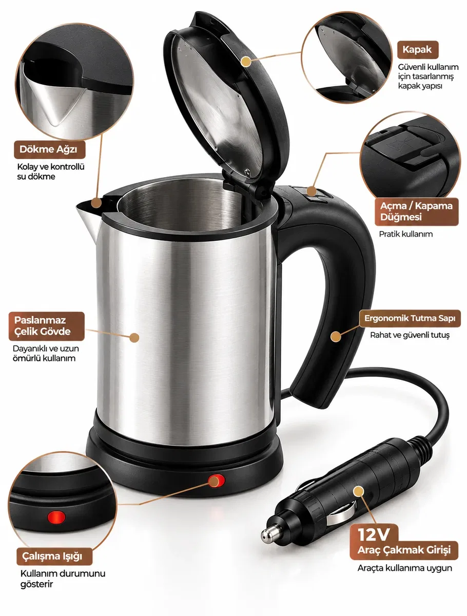 12V Araç Çakmak Girişli Paslanmaz Çelik Araç İçi Su Isıtıcı Seyahat Tipi Kettle görsel 4
