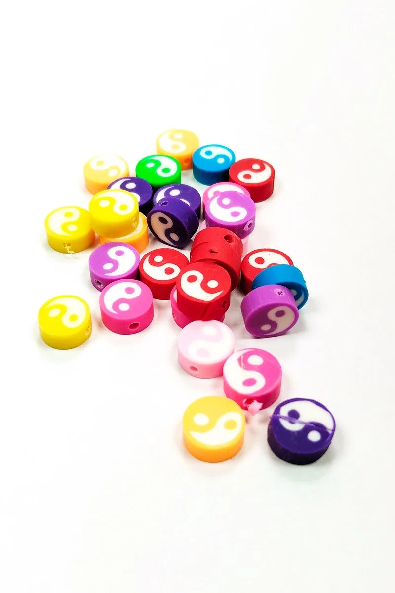 30 Adet 10 mm Polimer Kil Fimo Boncuk Takı Bileklik + 1 Metre Lastikli Misina Hediye - Renkli Yin Yang görsel 2