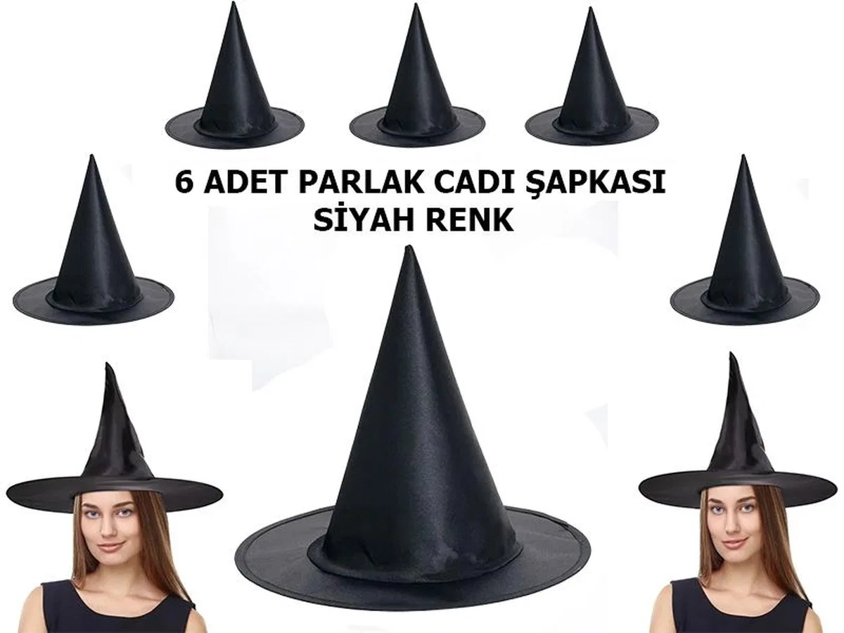 Siyah Renk Parlak Dralon Cadı Şapkası Yetişkin Ve Çocuk Uyumlu 6 Adet
