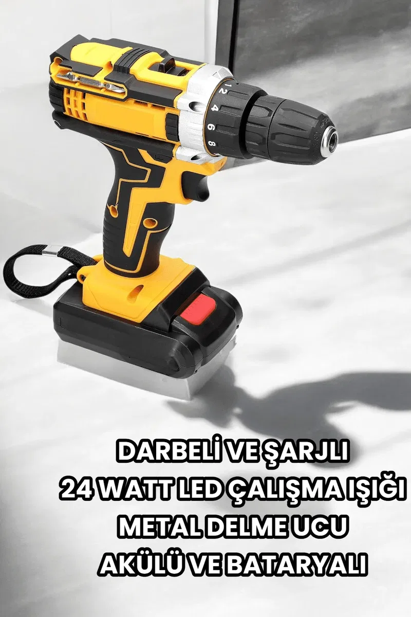 Metal Dişli 24W Akülü Matkap -Çift Bataryalı ve LED Çalışma Işığı ile Tam Set görsel 2