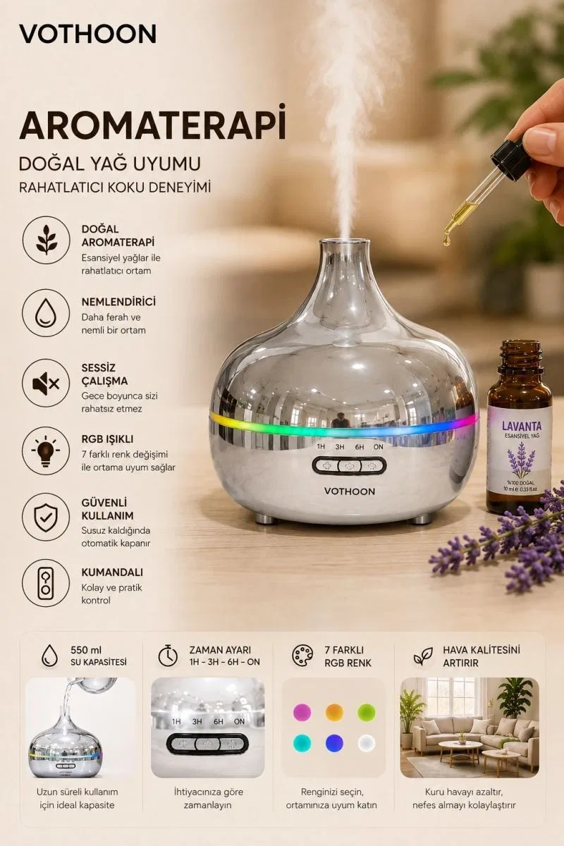 Gümüş Vazo Model Rgb Işıklı Hava Nemlendirici & Aromaterapi Difüzör – 550 Ml Kumandalı görsel 4