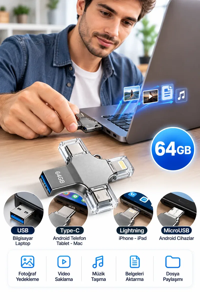 Tek Ürünle Birden Fazla Cihazda Kullanım Sunan 64GB Lightning Type C USB MicroUSB Girişli Flash Bellek