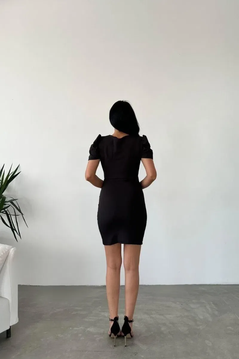 Kadın V Yaka Pile Detaylı Mini Abiye Elbise görsel 7