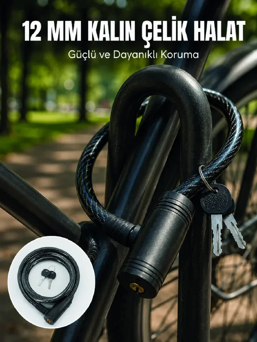 Anahtarlı Çelik Halat Kilit 12 mm Güçlü Bisiklet Kilidi 80 cm PVC Kaplamalı Elektrikli Scooter ve Motosiklet Uyumlu