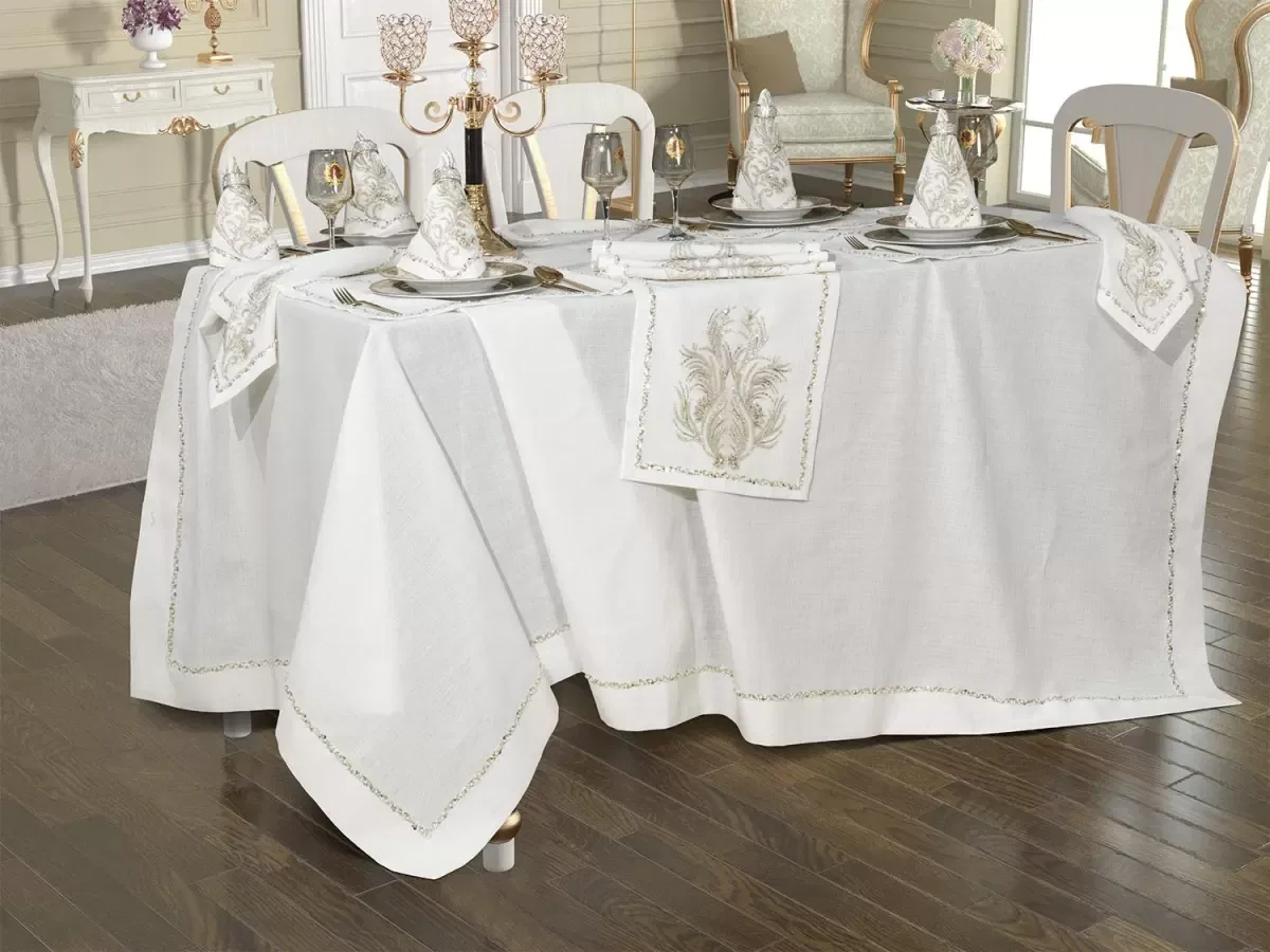 Sofra Takımı Valeron Gardenya Keten Yemek Takımı 160x260 Masa Seti 26 Parça Pullu Boncuklu Krem görsel 2
