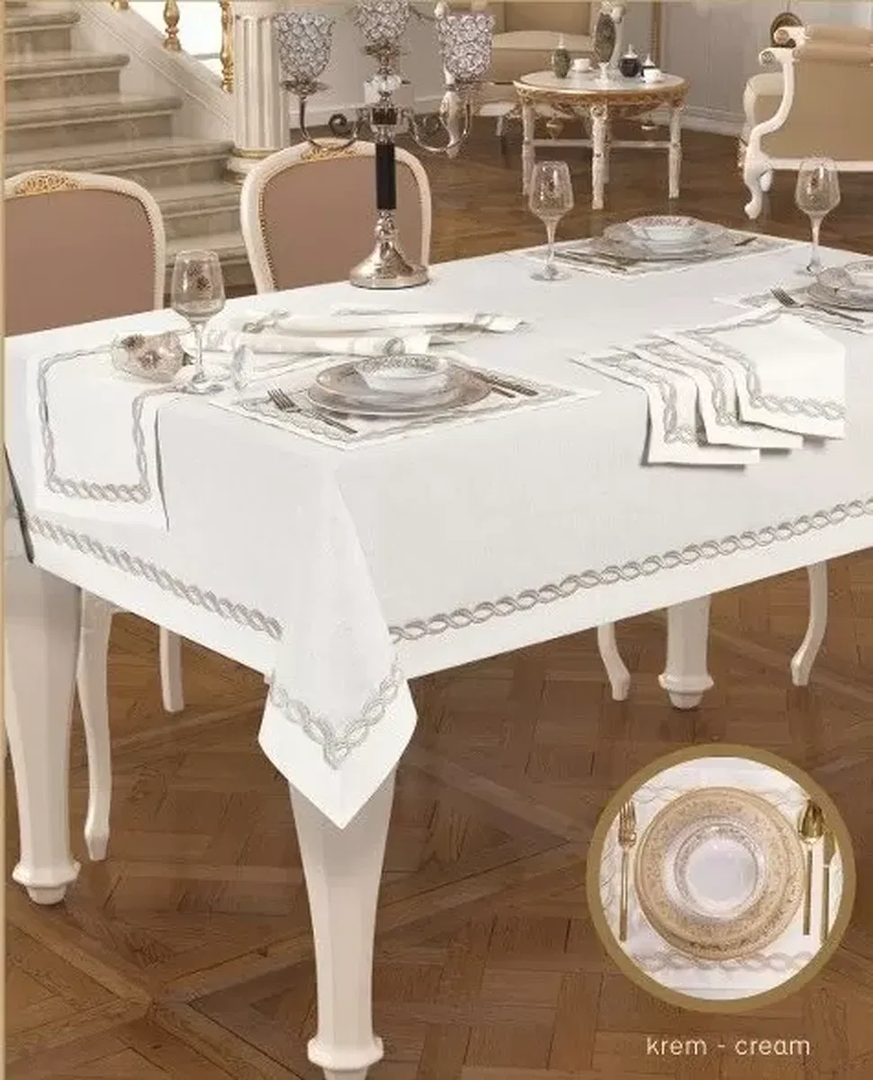 Matilda Krem-Gümüşsimli 8 Kişilik 10 Parça 160 × 260 cm Amerikan Servisli Sofra Takımı görsel 8