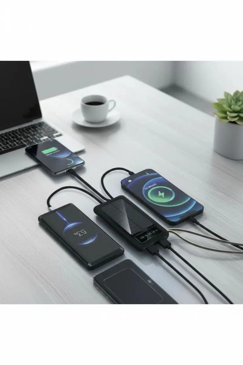 10000mah Güneş Enerjili Taşınabilir Şarj Cihazı - Çift Led Fenerli, Lcd, 2 Usb-c Powerbank görsel 3