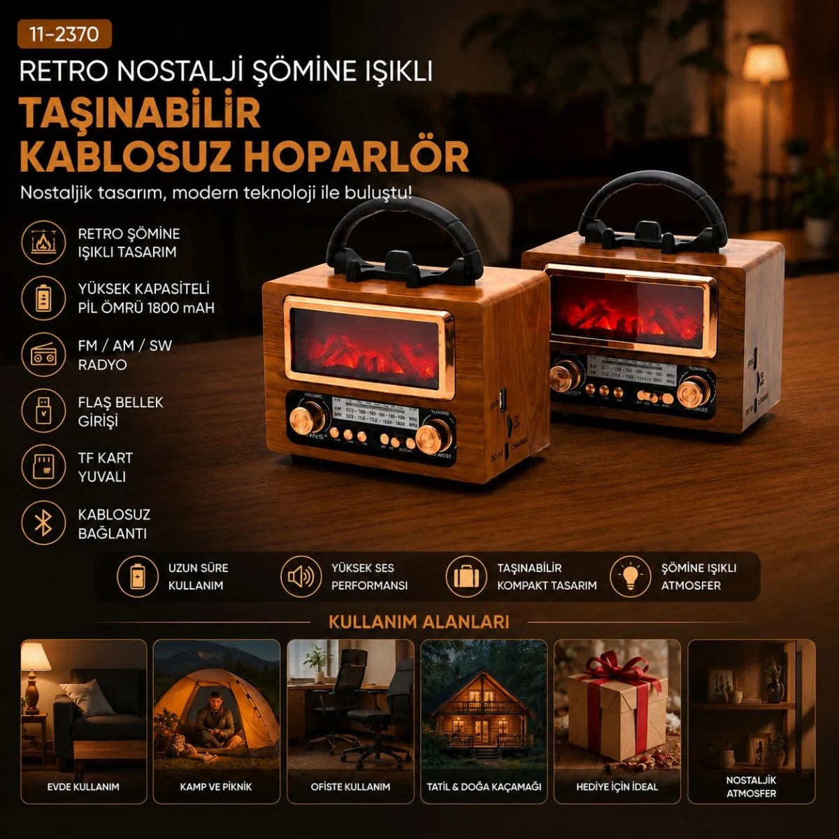 Şarjlı Retro Bluetooth Hoparlör - FM Radyo, USB/TF MP3 Çalar görsel 3