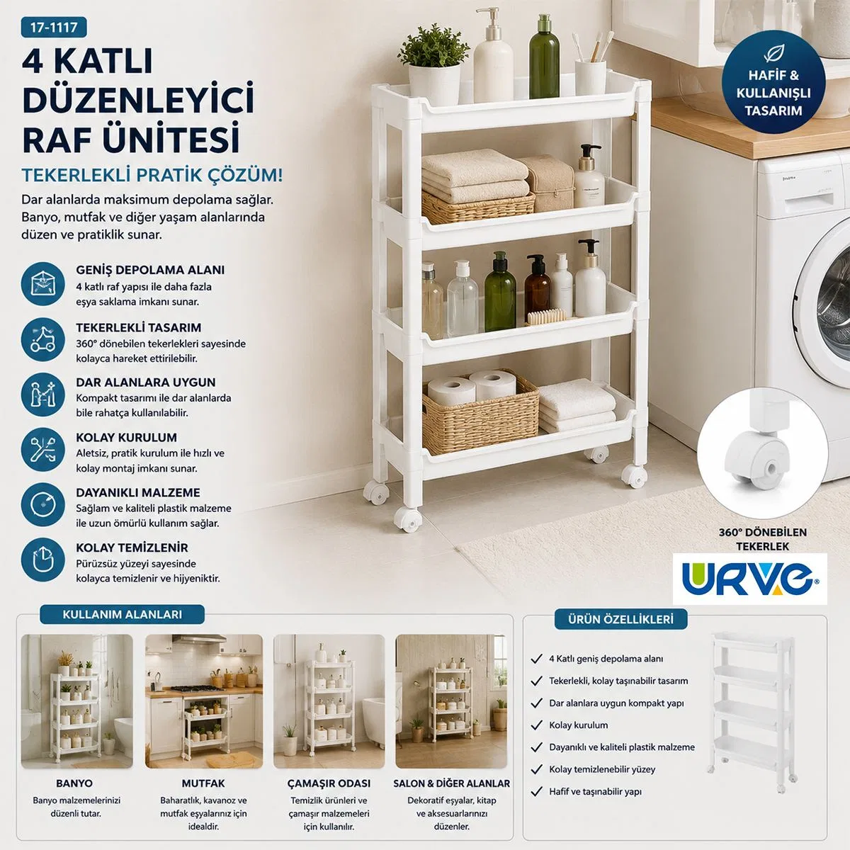 4 Katlı Tekerlekli Sepet Organizer Raf 465x145x670mm görsel 3