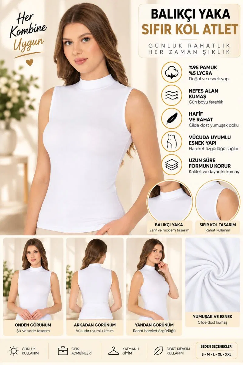 Kadın Balıkçı Yaka Sıfır Kol Atlet Beyaz, Esnek Kumaş, Vücuda Oturan Basic Kolsuz Body - ryl - 2614