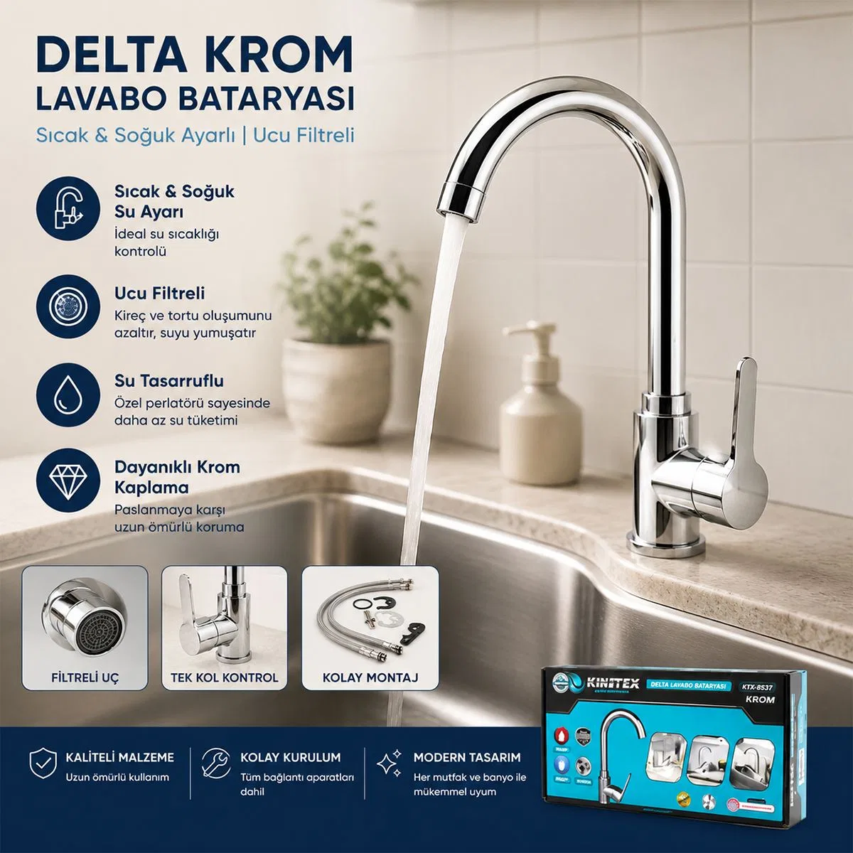 Krom Aç-Kapa Lavabo Bataryası KTX-2639 görsel 3