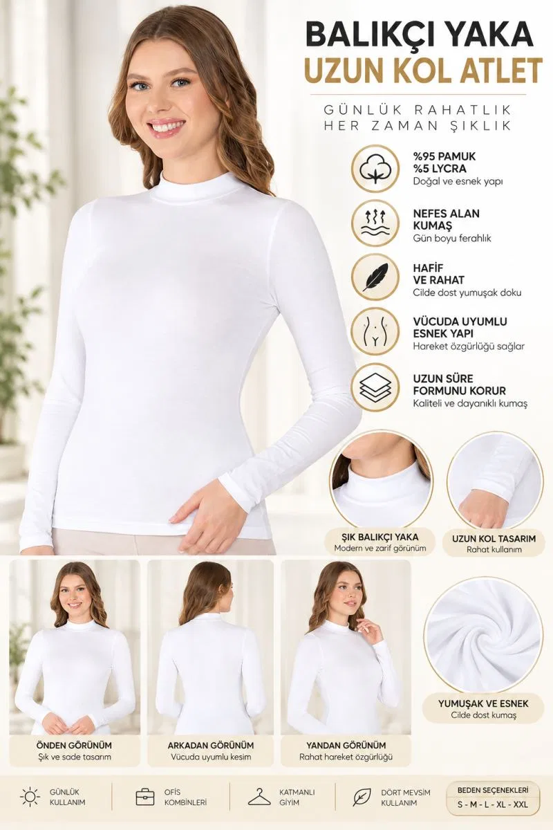 Kadın Balıkçı Yaka Uzun Kol Atlet Beyaz Esnek Kumaş, Vücuda Oturan Basic Body - ryl - 2612 görsel 3
