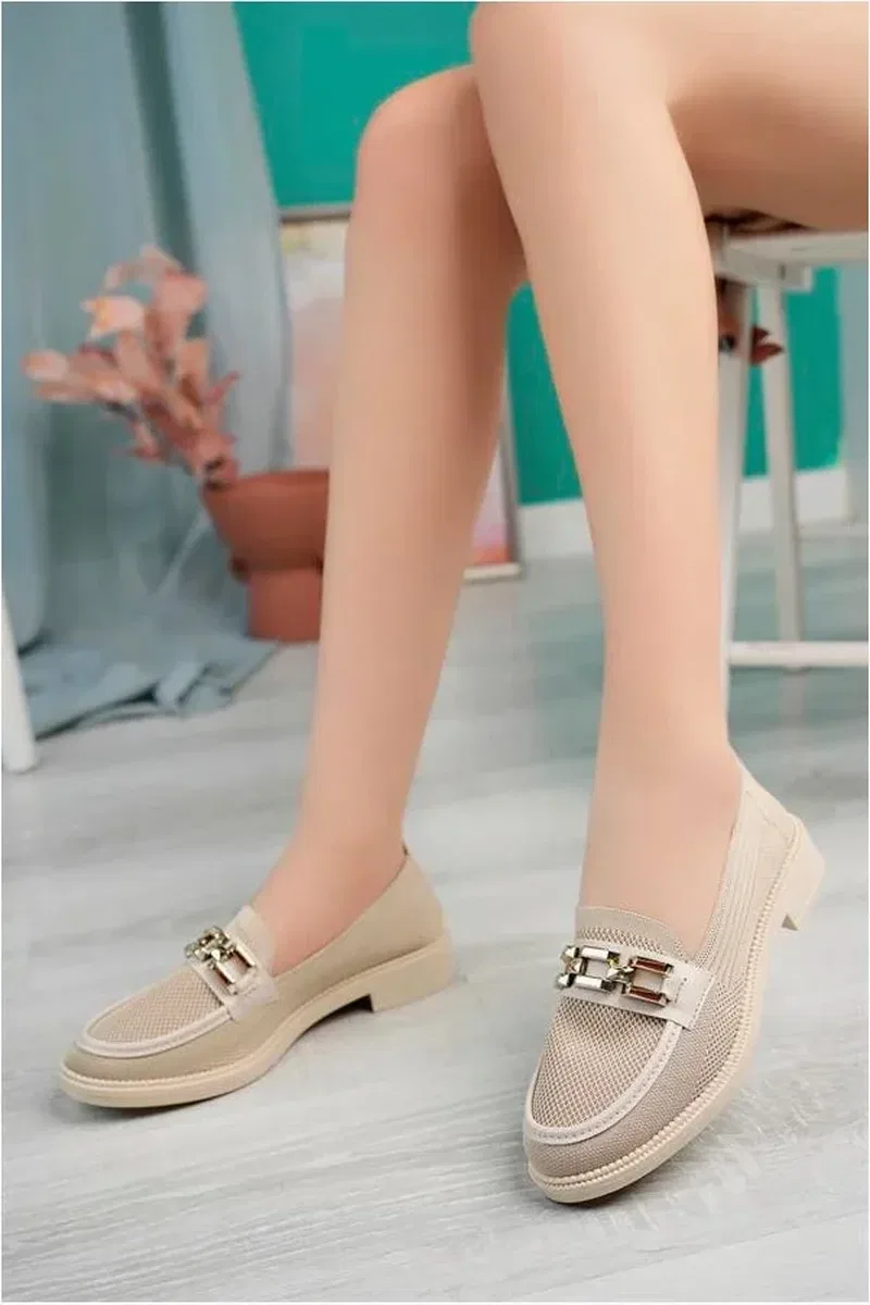 Kadın Loafer Tokalı Ayakkabı Ayakkabı Topuklu Taban Kalın Casual Pu Tekstil Deri Zincir görsel 3