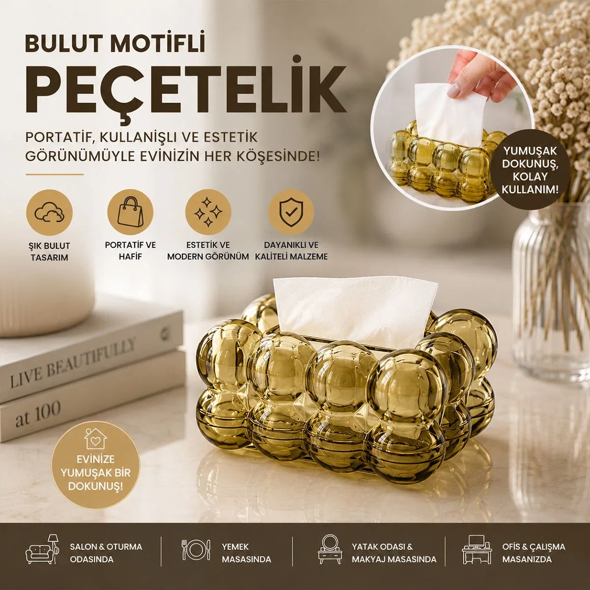 Dekoratif Bulut Peçetelik (Yaylı) 19x13x9 cm - Kahverengi Şeffaf görsel 2