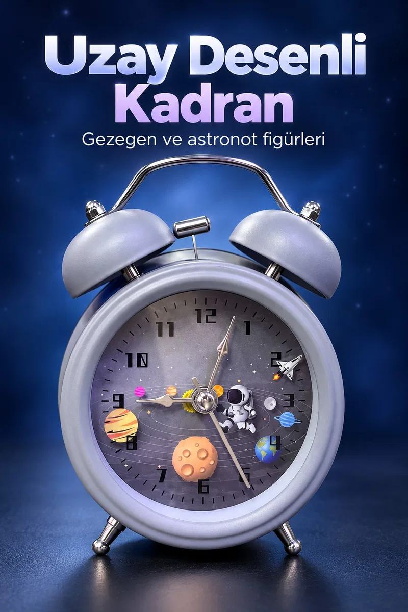 Pilli Çalar Saat Çift Çanlı Klasik Masaüstü Tasarım görsel 3