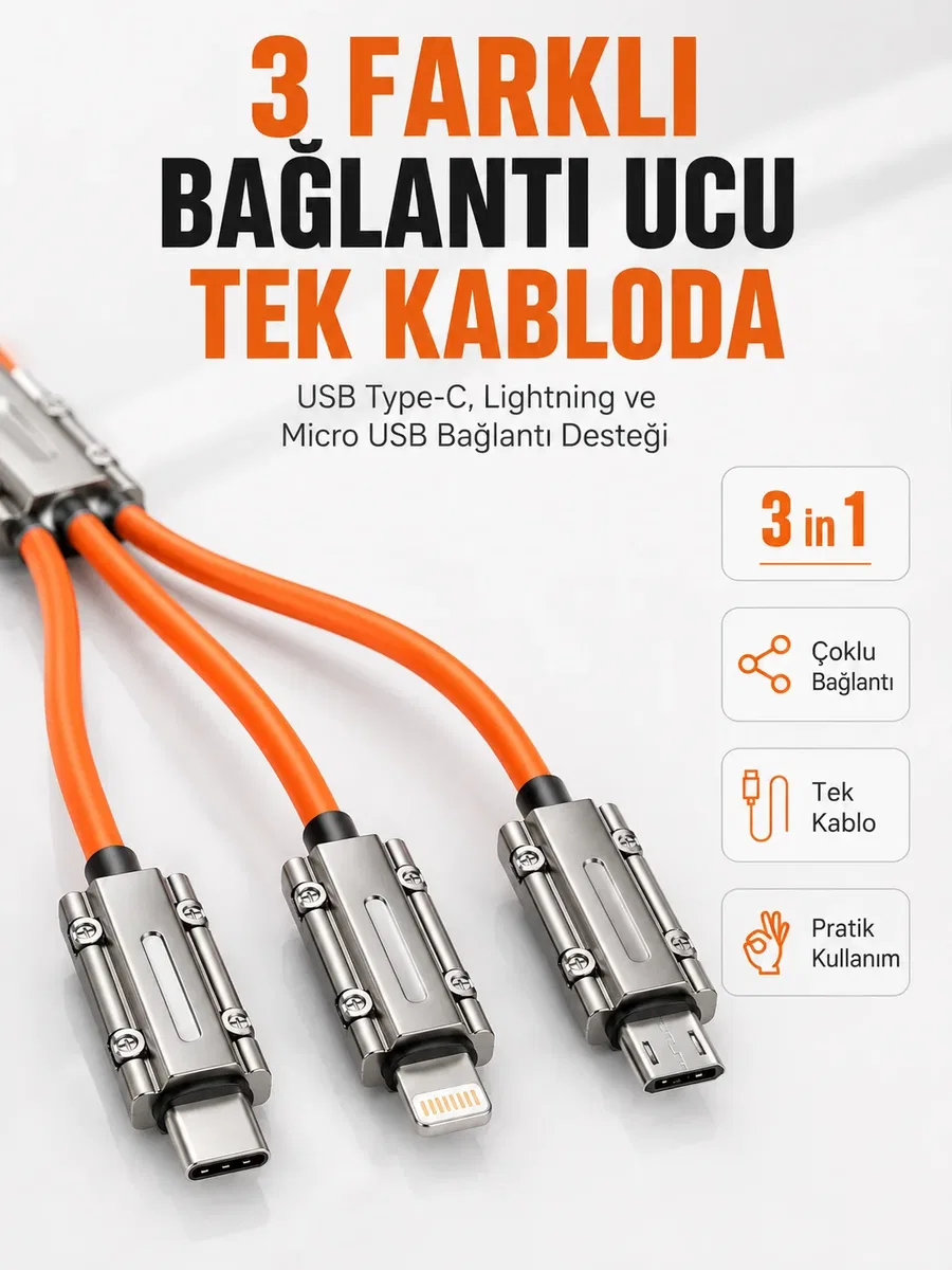 Çinko Alaşımlı Metal Konnektörlü Dayanıklı 6A Hızlı Şarj Kablosu