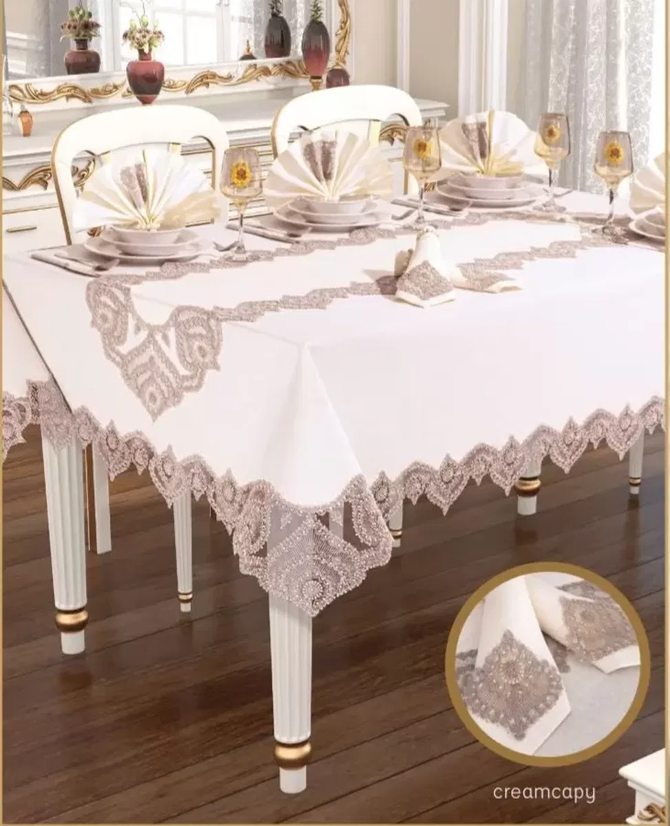 Kartanesi Gardenya Keten Krem-Kapiçino 12 Kişilik 26 Parça Çeyizlik Şık 160x220 cm Masa Örtüsü görsel 2
