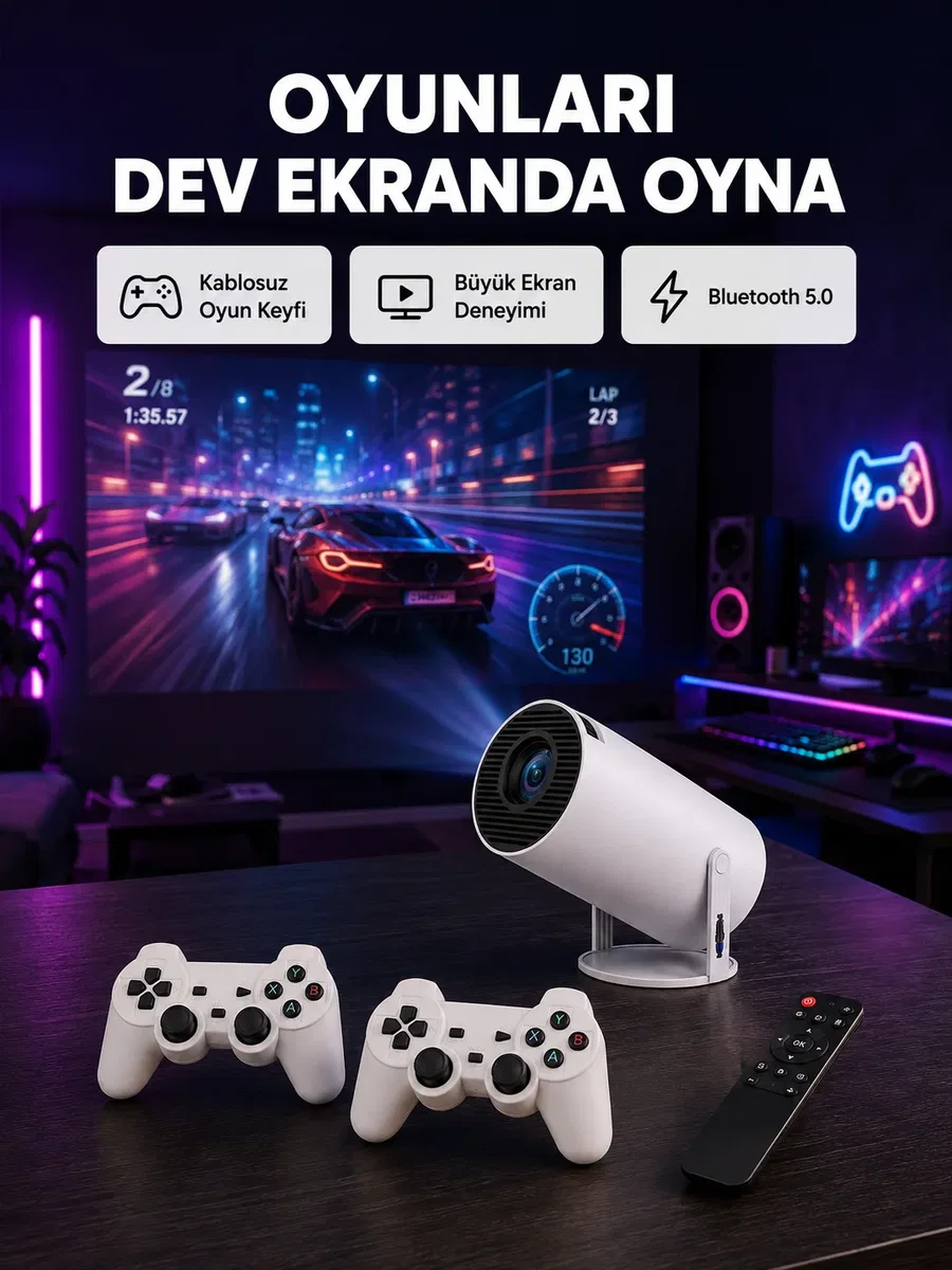 4K Wi-Fi 6 Projeksiyon Cihazı – 10. 000+ Oyun Desteği, Kablosuz Bağlantı ve Çoklu Giriş Portları Yeni Nesil