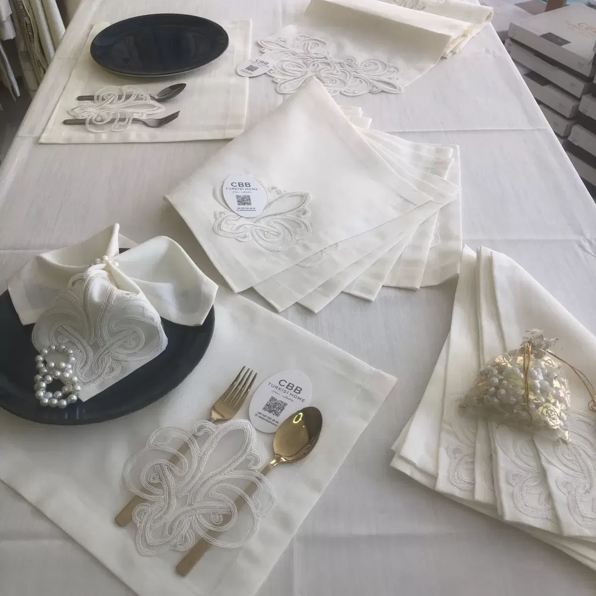 Sofra Takımı Taç Gardenya Keten Yemek Takımı 160x260 Masa Seti 26 Parça Runner Set Krem