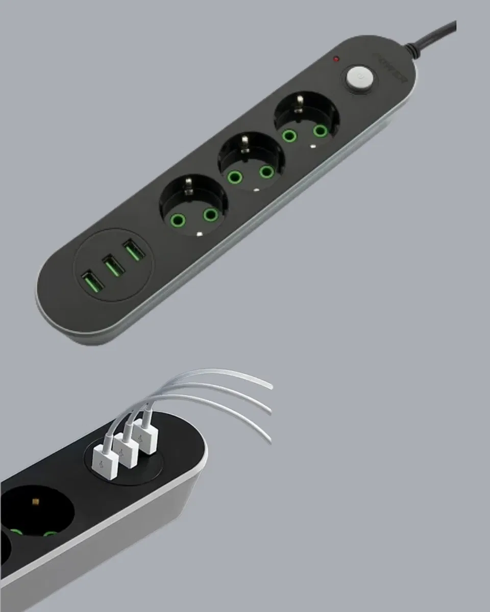 Akım Korumalı Anahtarlı USB Girişli Üçlü Priz görsel 4