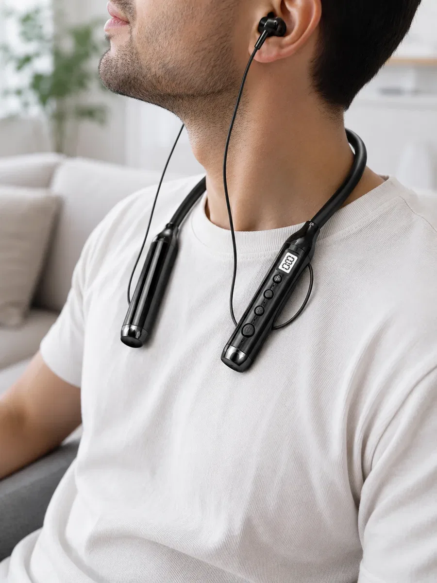 Kablosuz Bluetooth Boyun Kulaklığı 10 Metre Menzilli Mikrofonlu Ses Kontrollü Uzun Kullanım Süreli Kulak İçi Kulaklık görsel 5