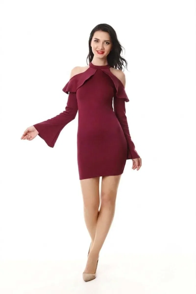 Kadın Vintage Asimetrik Yaka Omzu Açık Bodycon Mini Elbise görsel 4