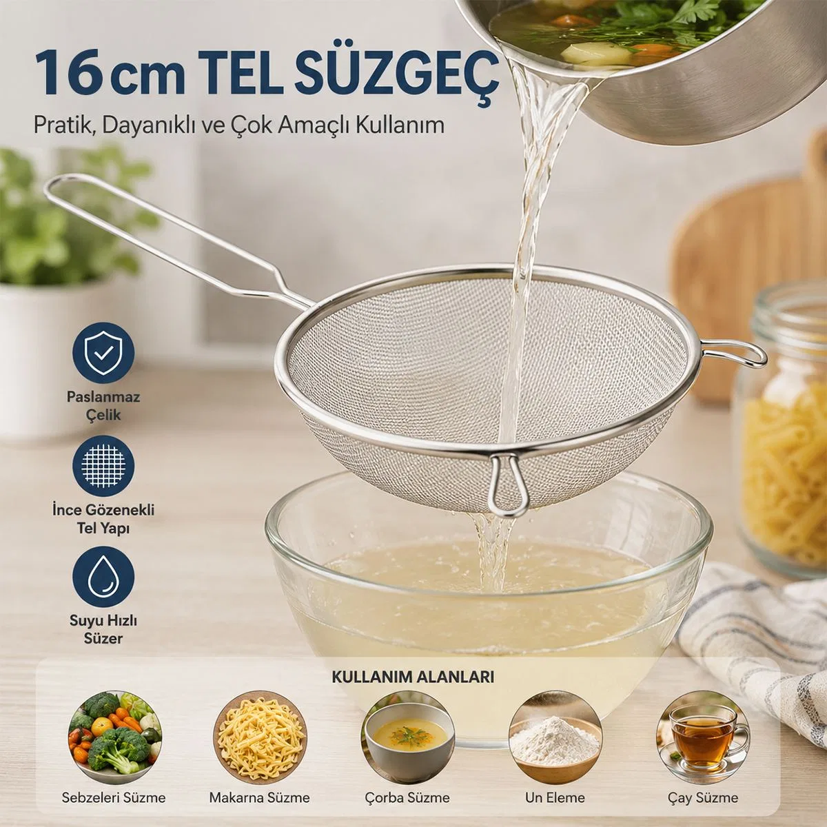16 cm Metal Saplı Tel Süzgeç (Kulaklı) görsel 5