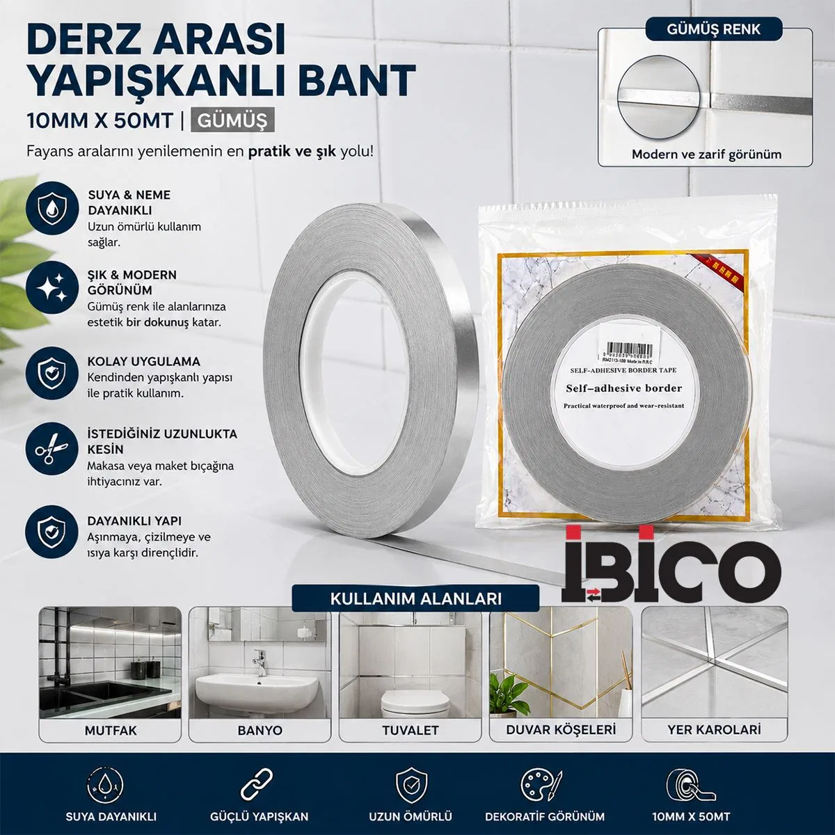 Derz Arası Yapışkanlı Bant 10mm x 50m - Gümüş görsel 3