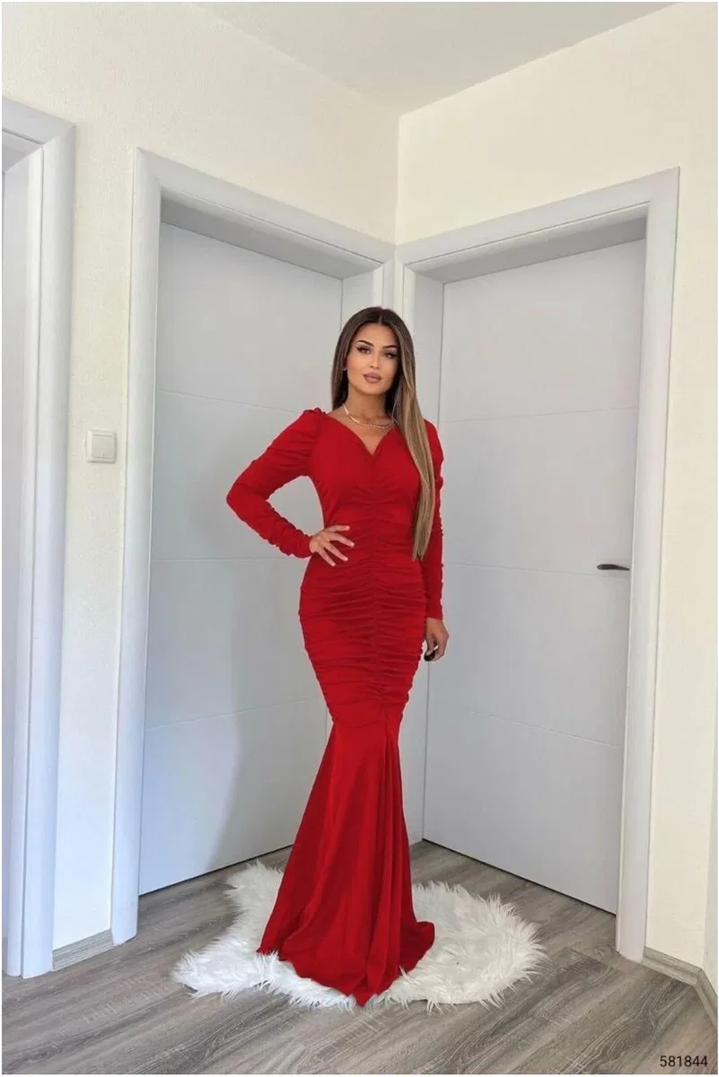 Krep Kesim Elbise V Balık Yaka Abiye Kumaş