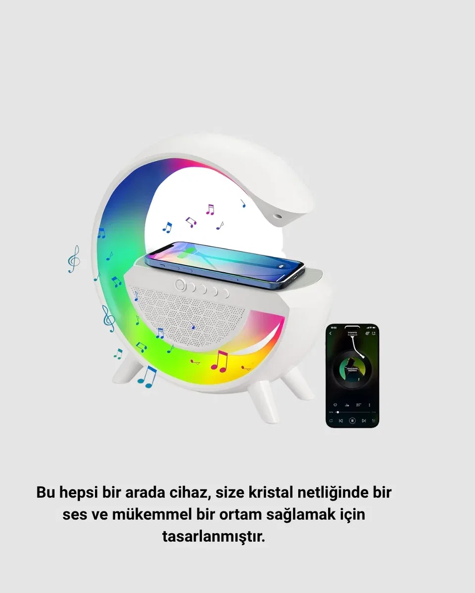 Kablosuz Şarjlı Bluetooth Hoparlör ve Gece Lambası – NFC, FM Radyo, RGB Işık görsel 4