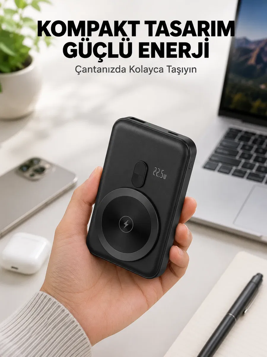 Manyetik Kablosuz Powerbank 22. 5W Hızlı Şarj LCD Göstergeli Yeni Nesil