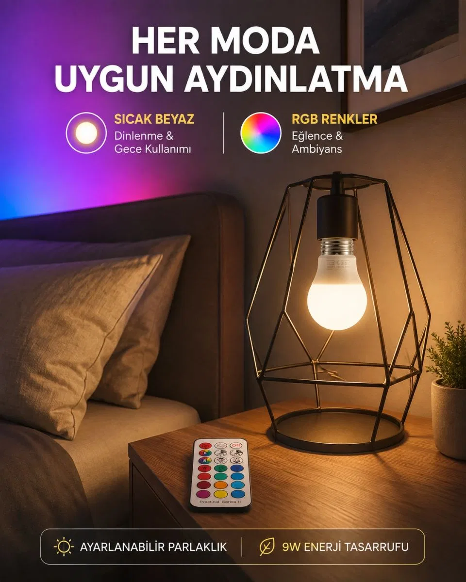 Kumanda Destekli Çok Renkli Akıllı Led Ampul Yeni Nesil