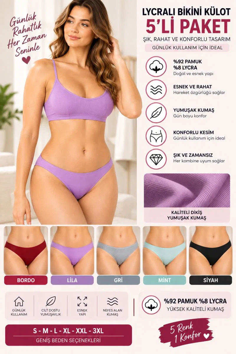 Kadın Likralı Bikini Külot 5'li Paket, Yumuşak Kumaş, Günlük Kadın İç Çamaşırı - ryl -500 görsel 3