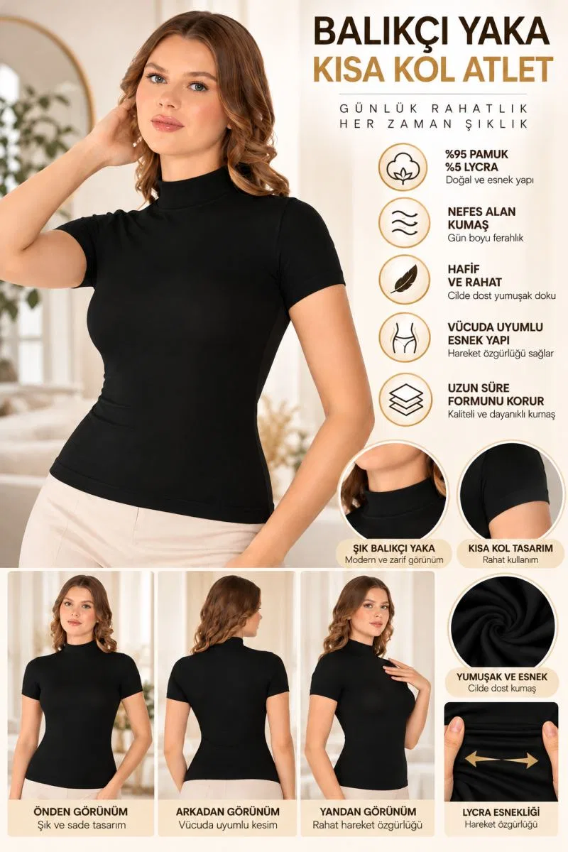 Kadın Balıkçı Yaka Kısa Kol Atlet Siyah, Esnek Kumaş, Vücuda Oturan Basic Body - ryl - 2611 görsel 3