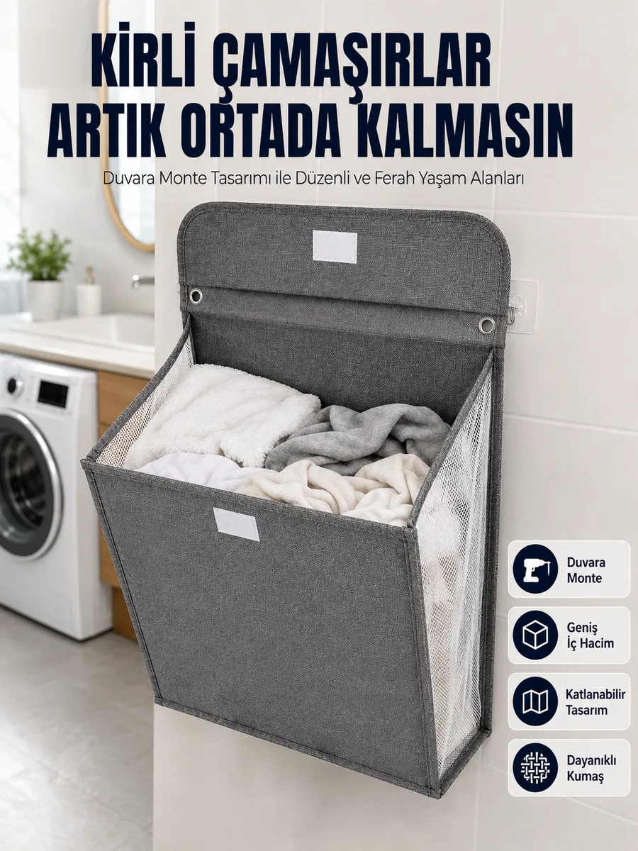 Banyo ve Çamaşır Odası İçin Duvara Asılan Katlanabilir Çamaşır Sepeti