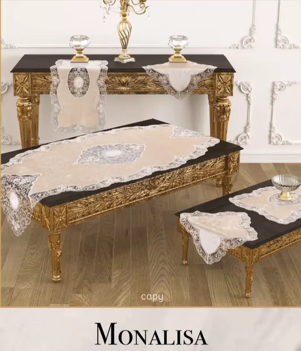 Salon Takımı 5 Parça Velvet Kadife Dantelli Masa Örtüsü Runner Seti Monalisa Model - Kapiçino görsel 2