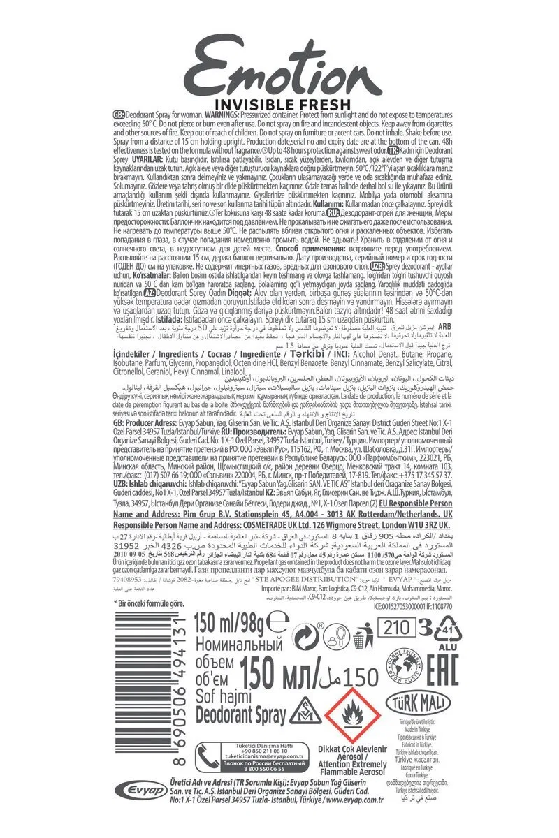 Emotion Invisible Fresh Black & White Kadın Deodorant 150ml Vegan, Leke Bırakmaz görsel 7