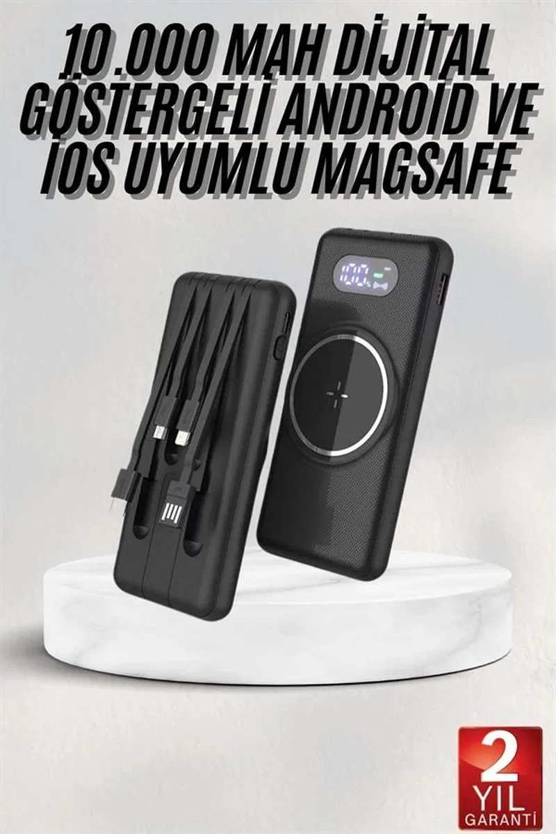 Wireless Powerbank 10000 Mah Led Ekranlı Dahili Kablolu Hızlı Şarj görsel 2