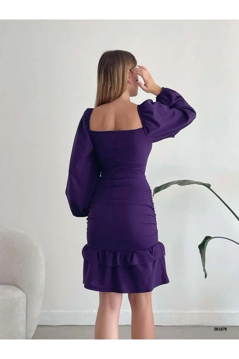 Kadın Şık Model Kare Yaka Uzun Kol Elbise görsel 3