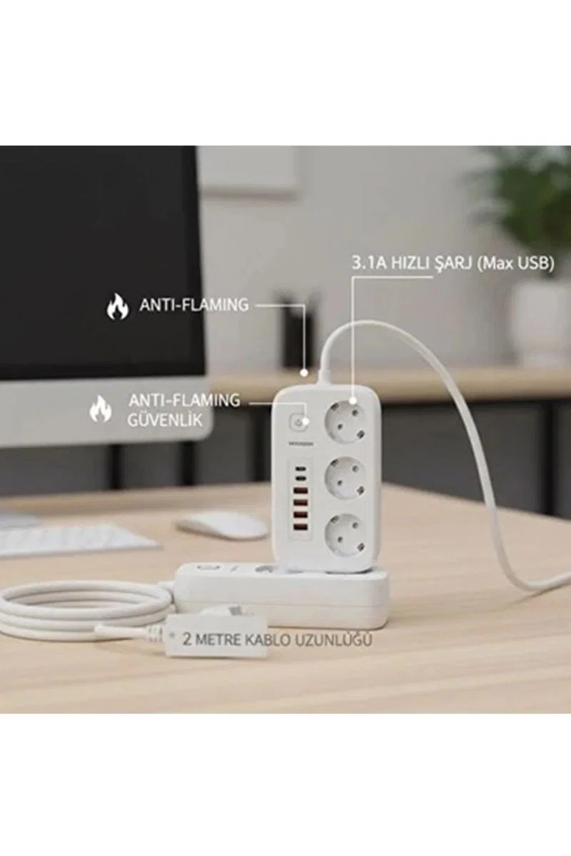  akım Korumalı Priz Ve Masaüstü Şarj İstasyonu Kablosuz 3 Priz, 4 Usb, 2 Type-c Girişli 2 Metre görsel 2